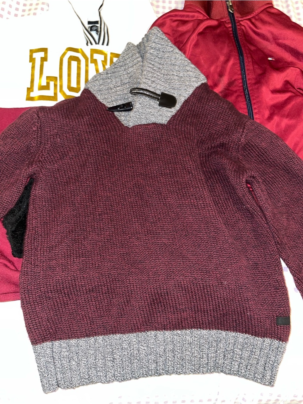 Men's Burgundy Shawl Collar Toggle Sweater with Gray Trim
